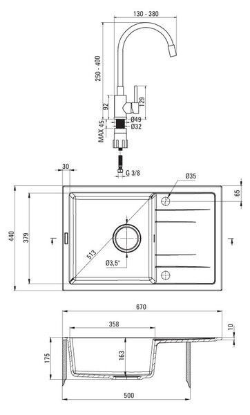 Chiuvetă Deante Corio din granit cu 1 compartiment 670x440x175mm + baterie flexibilă pentru chiuvetă, negru mat, DEA-ZRCPG113