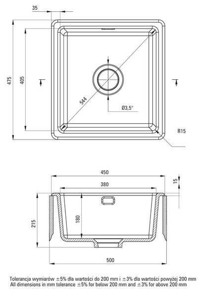 Deante Sabor, chiuveta ceramica cu 1 vas 450x478x215 mm, alb, DEA-ZCB_A103