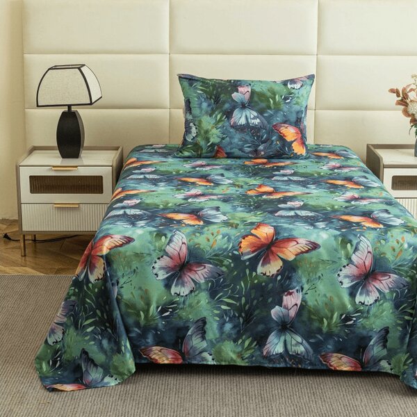 Cearsaf din microfibra 140x240 cm si husa pentru perna 50x70 cm COLORFUL BUTTERFLY, colorat