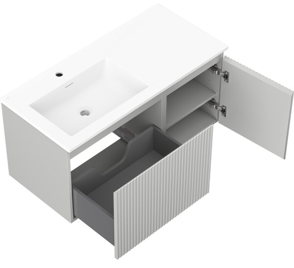 Mexen Rivel, mobilier baie 100 cm cu lavoar stânga Otis, 1S, 1D, canelat, gri mat/alb mat - 91A23-10047-3-BBFF62-W18L01