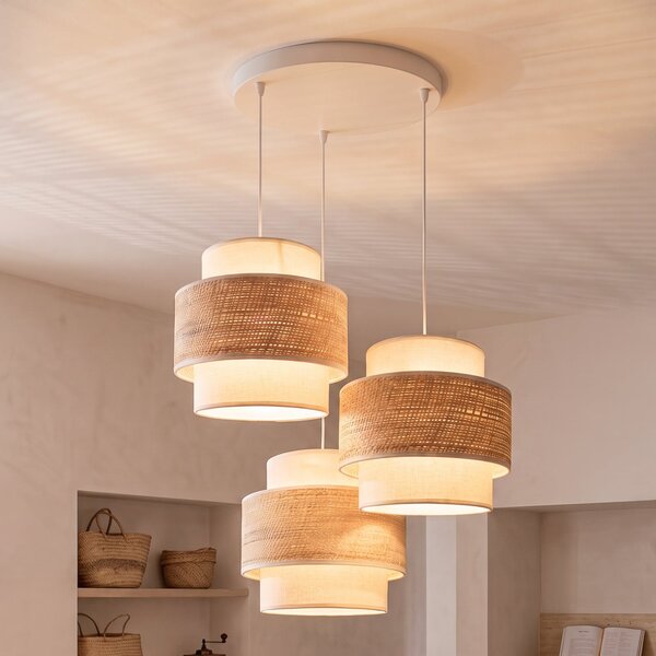 Duolla Lampă suspendată Space, ecru/bej, cu 3 becuri, din material textil, E27, Bej, dormitor, Țesătură / Textil, Viața tânără