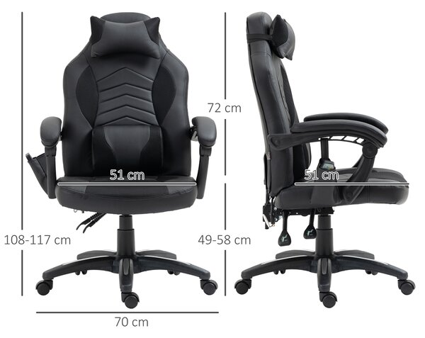 HomCom Scaun Gaming cu Masaj și Încălzire Ergonomic Reglabil 68x69x108-117cm Negru | Aosom Romania