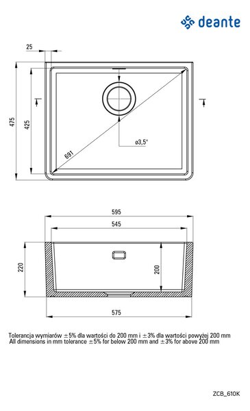 Deante Sabor, chiuveta ceramica subtop B/O 595x475x220 mm + sifon cu economie de spatiu, 1 camera, alb, ZCB_610K