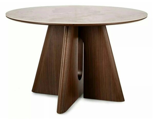 Masă ALZANO, alb lucios/nuc, ceramică/furnir/MDF, Ø120x77 cm
