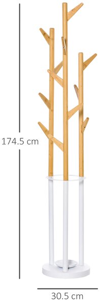 Cuier de podea pentru haine cu suport pentru umbrele si 13 carlige HOMCOM, metal si bambus, dimensiuni 30.5x30.5x174.5cm, lemn si alb | Aosom Romania