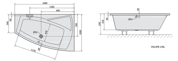 Polysan Polysan, cada asimetrică EVIA R 160x100x47cm, dreapta, alb, 12611