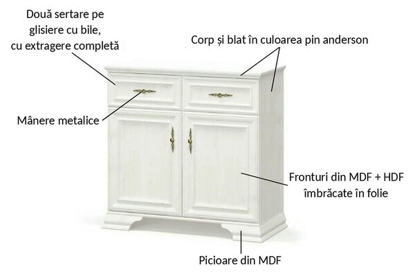 Comoda pin alb anderson IRYS, PAL laminat, 93x39x89 cm