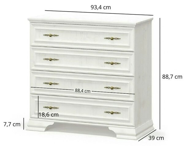 Comoda pin alb anderson IRYS, PAL laminat, cu 4 sertare, 93x39x89 cm