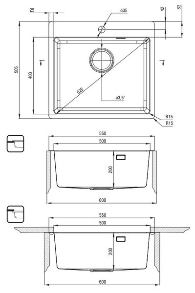 Deante Olfato, chiuvetă din oțel inoxidabil cu 1 cameră 550x505x200mm, auriu mat, DEA-ZPO_R10B