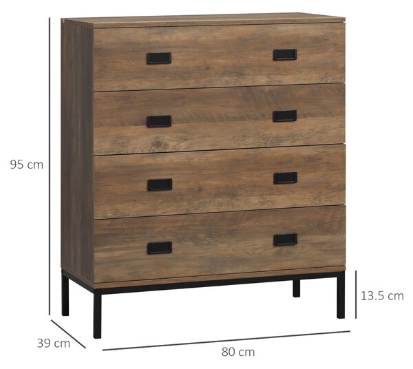 HOMCOM Comodă cu 4 Sertare și Cadru Metalic, pentru Dormitor și Sufragerie, Maro, Design Modern | Aosom Romania