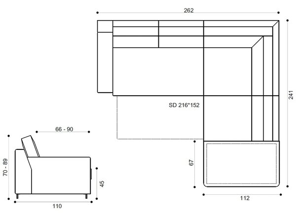 Coltar extensibil modern living ROCA, sezlong dreapta, stofa catifelat