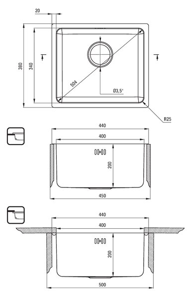 Deante Egeria, chiuvetă sub placă din oțel inoxidabil cu 1 cameră B/O 380x440x200 3,5" + sifon care economisește spațiu, model satinat, ZPE_010A