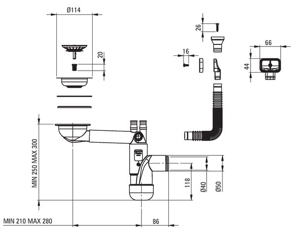 Deante Egeria, chiuvetă sub placă din oțel inoxidabil cu 1 cameră B/O 440x440x200 3,5" + sifon care economisește spațiu, model satinat, ZPE_010B