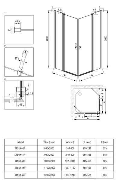 Deante Kerria Plus, usa de dus cu balamale 1 canat 120x200 cm, sticla transparenta 6 mm, profil cromat, DEA-KTSU045P