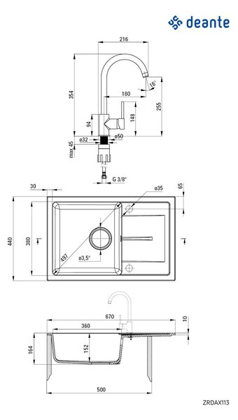 Deante Leda, chiuveta granit 1 camera blat 670x440x164 mm + baterie chiuveta BEN 762M nisip + sifon, nisip, ZRDA7113