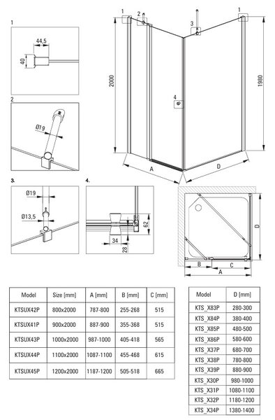 Deante Kerria Plus, usa de dus cu balamale 1 canat 120x200 cm, sticla transparenta 6 mm, profil cromat, DEA-KTSU045P