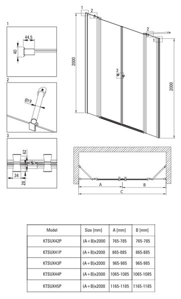 Deante Kerria Plus, usa de dus cu balamale 1 canat 120x200 cm, sticla transparenta 6 mm, profil cromat, DEA-KTSU045P