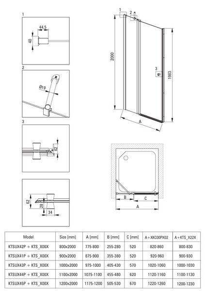 Deante Kerria Plus, usa de dus cu balamale 1 canat 120x200 cm, sticla transparenta 6 mm, profil cromat, DEA-KTSU045P