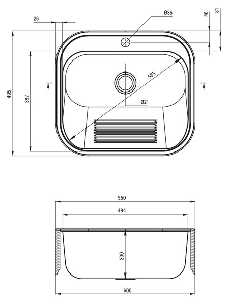 Deante Deante, chiuvetă din oțel inoxidabil 1 cameră cu orificiu pentru robinet, B/O 550x495x210, 2" + sifon, oțel inoxidabil periat, DEA-ZYK_010B