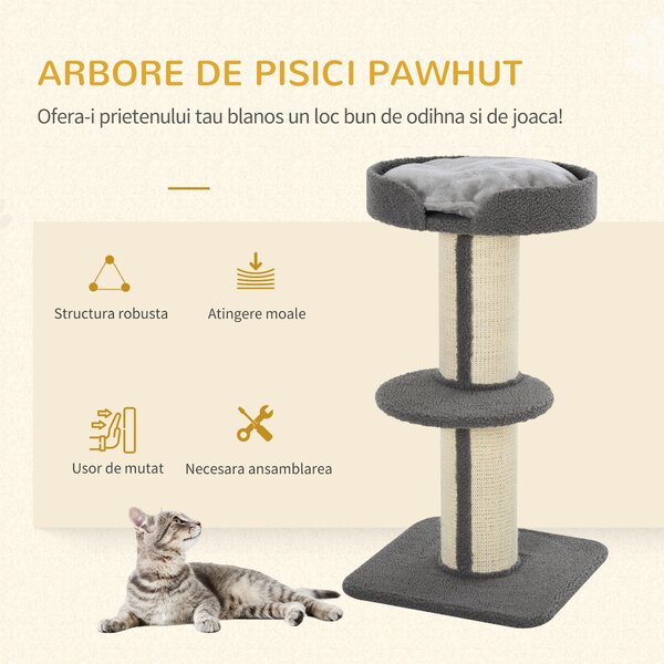 Stâlp de Zgâriat Multifuncțional PawHut, Coloană în Sisal și Pernă Moale, Miel Casmir, 81cm | Aosom Romania
