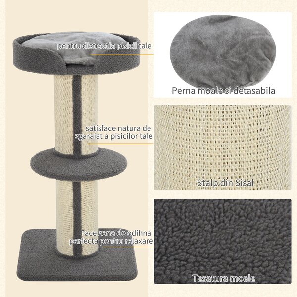Stâlp de Zgâriat Multifuncțional PawHut, Coloană în Sisal și Pernă Moale, Miel Casmir, 81cm | Aosom Romania