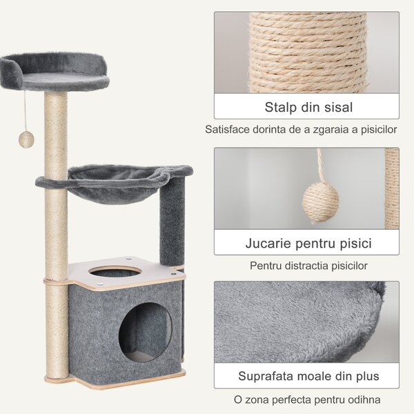 PawHut Ansamblu Joacă Pisici, Lemn/Plush, Zona Zgâriat, Design Atractiv, 48x34x95 cm, Gri-Bej | Aosom Romania