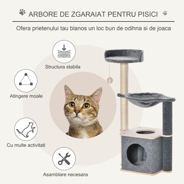 PawHut Ansamblu Joacă Pisici, Lemn/Plush, Zona Zgâriat, Design Atractiv, 48x34x95 cm, Gri-Bej | Aosom Romania