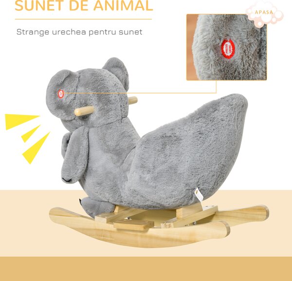 HOMCOM Koala Balansoar cu Sunete, Leagăn de Pluș și Lemn pentru Copii 18-36 Luni, Gri, 60x33x50cm | Aosom Romania