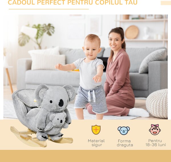 HOMCOM Koala Balansoar cu Sunete, Leagăn de Pluș și Lemn pentru Copii 18-36 Luni, Gri, 60x33x50cm | Aosom Romania
