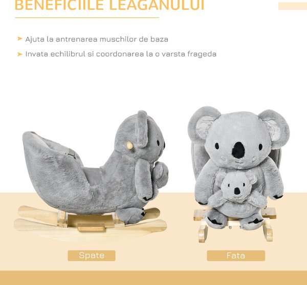 HOMCOM Koala Balansoar cu Sunete, Leagăn de Pluș și Lemn pentru Copii 18-36 Luni, Gri, 60x33x50cm | Aosom Romania