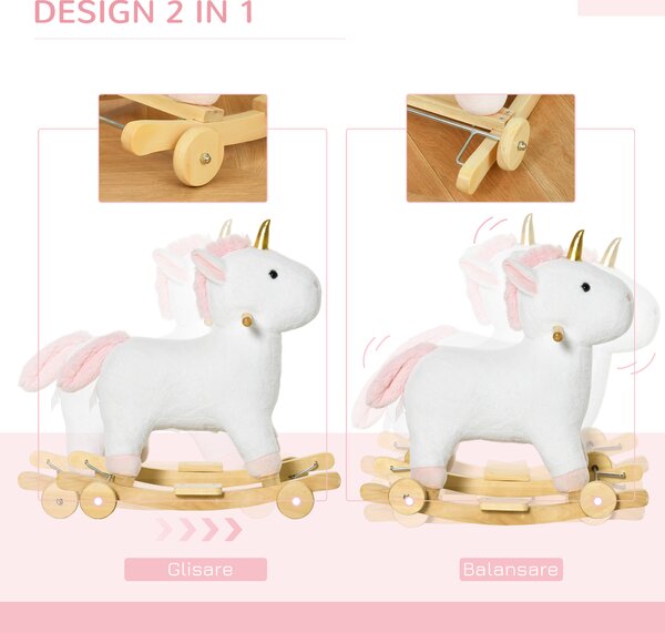 HOMCOM Balansoar pentru copii 2 in 1cu Roti, Sunete Integrate, Balansoar Unicorn Leagan 36-72 luni,63x38x63cm, Alb | Aosom Romania