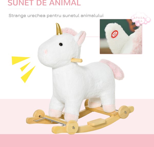 HOMCOM Balansoar pentru copii 2 in 1cu Roti, Sunete Integrate, Balansoar Unicorn Leagan 36-72 luni,63x38x63cm, Alb | Aosom Romania