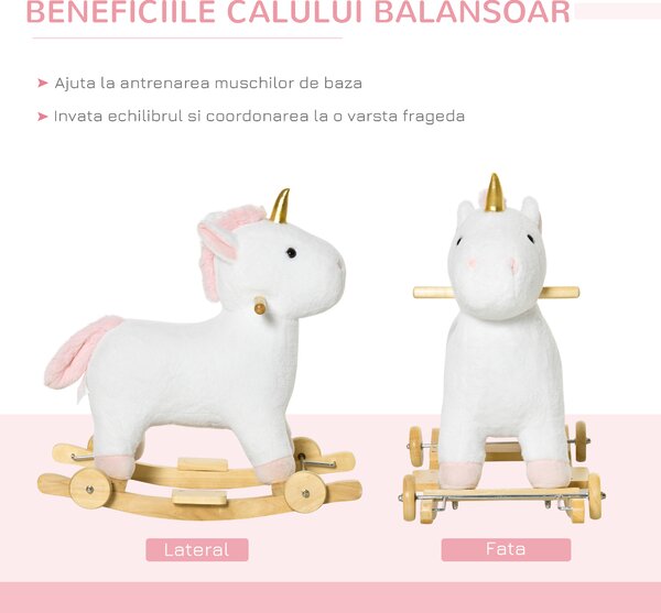 HOMCOM Balansoar pentru copii 2 in 1cu Roti, Sunete Integrate, Balansoar Unicorn Leagan 36-72 luni,63x38x63cm, Alb | Aosom Romania