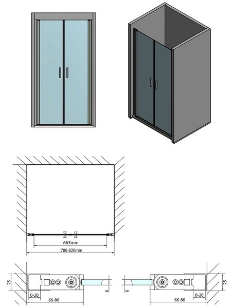 Polysan Polysan, ZOOM LINE ușă de duș cu două canape 800 mm, sticlă transparentă, ZL1780