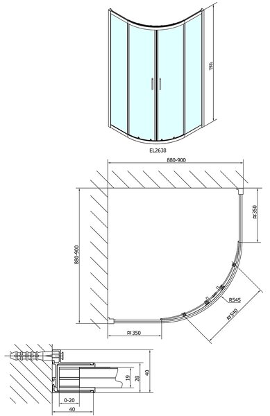 Polysan Polysan, paravan de duș pătrat EASY LINE 900x900mm, sticlă BRICK, EL2638