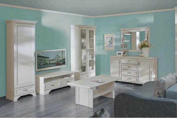 Mobilier living alb clasic IDENTO 7, format din vitrina, dulap, comoda