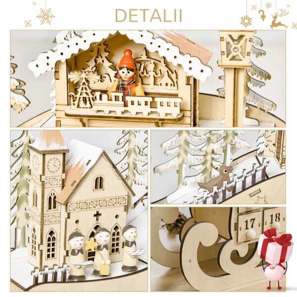 Calendar Advent din Lemn in Forma de Sanie cu 24 de Sertare de Umplut, Decoratiuni si Lumini 45x10x31cm HOMCOM | Aosom RO