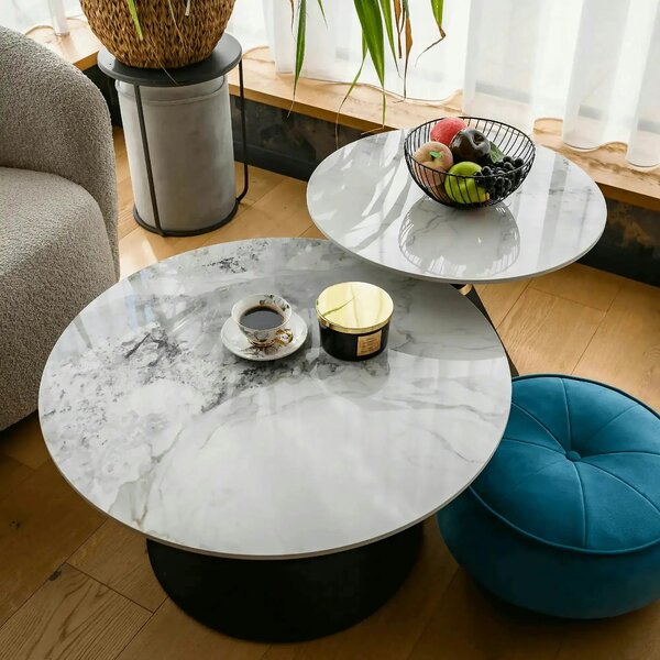 Set 2 masute cafea MABUZ NEW, alb cu efect de marmura/negru, piatra/me