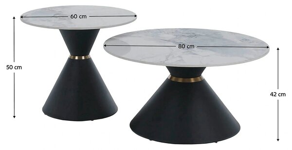 Set 2 masute cafea MABUZ NEW, alb cu efect de marmura/negru, piatra/me