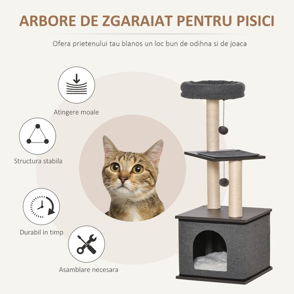 PawHut Arbore de Zgâriat pentru Pisici, 104 cm, Cușcă, Pătuț, Stâlpi din Sisal, Perne Lavabile, Gri | Aosom Romania