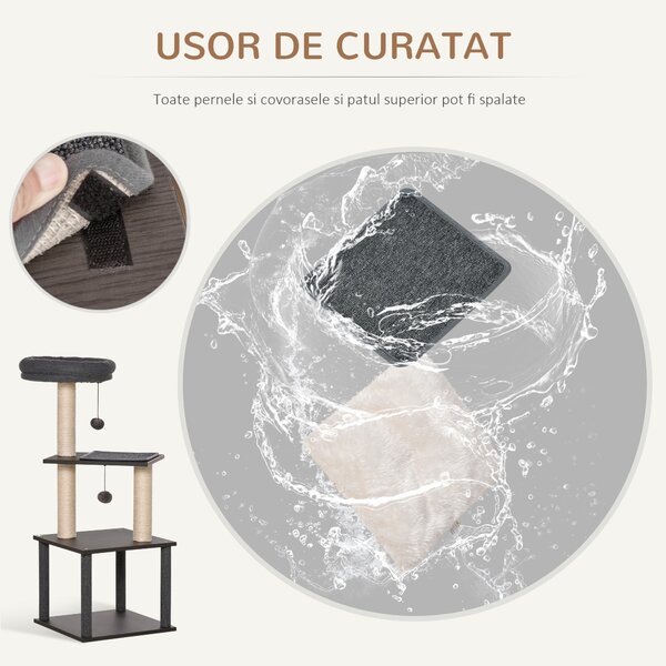 PawHut Arbore de Zgâriat pentru Pisici, 104 cm, Cușcă, Pătuț, Stâlpi din Sisal, Perne Lavabile, Gri | Aosom Romania