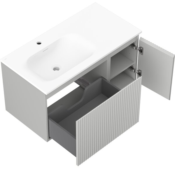 Mexen Rivel, mobilier de baie 90 cm cu lavoar Vela pe partea stângă, 1S, 1D, canelat, gri mat/alb mat - 91A23-09047-3-BBFF62-W23L01
