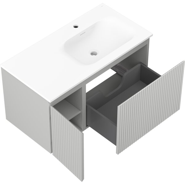 Mexen Rivel, mobilier baie 90 cm cu lavoar dreapta Vela, 1S, 1D, canelat, gri mat/alb mat - 91A23-09047-3-BBFF62-W23P01