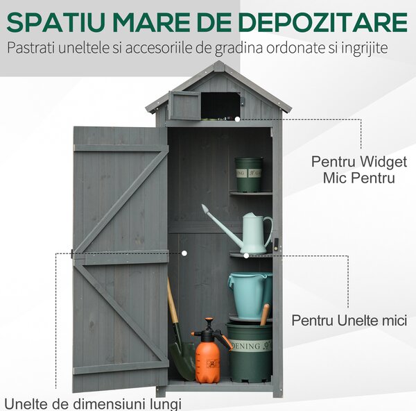 Outsunny Căsuță de Grădină din Lemn pentru Depozitare Scule, Impermeabilă cu 3 Rafturi Detașabile, 77x54.2x179 cm, Gri | Aosom Romania