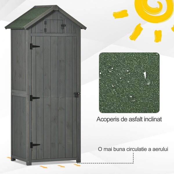 Outsunny Căsuță de Grădină din Lemn pentru Depozitare Scule, Impermeabilă cu 3 Rafturi Detașabile, 77x54.2x179 cm, Gri | Aosom Romania