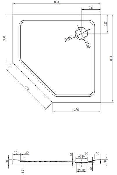 Cădiță de duș Mexen Flat, pentagonală, subțire, 80 x 80 cm, albă, + sifon cromat - 41P108080