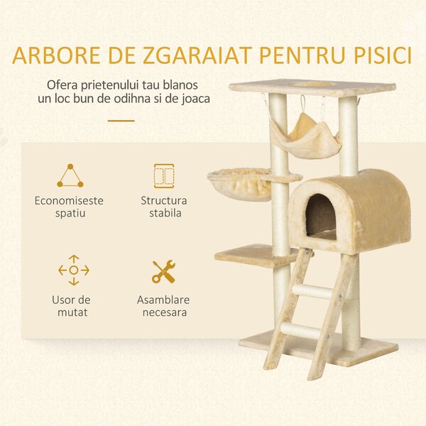 PawHut Arbore Zgâriat Multinivel pentru Pisici cu Hamac Casuță Frânghii Sisal Bej 98cm Înălțime | Aosom Romania