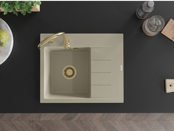 Mexen Ben, chiuvetă granit cu 1 cameră 600x500x190 mm, stânga + sifon auriu, bej, 6522605000-69-G