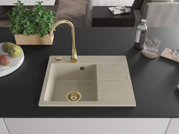 Mexen Ben, chiuvetă granit cu 1 cameră 600x500x190 mm, stânga + sifon auriu, bej, 6522605000-69-G