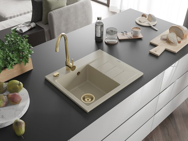Mexen Ben, chiuvetă granit cu 1 cameră 600x500x190 mm, stânga + sifon auriu, bej, 6522605000-69-G